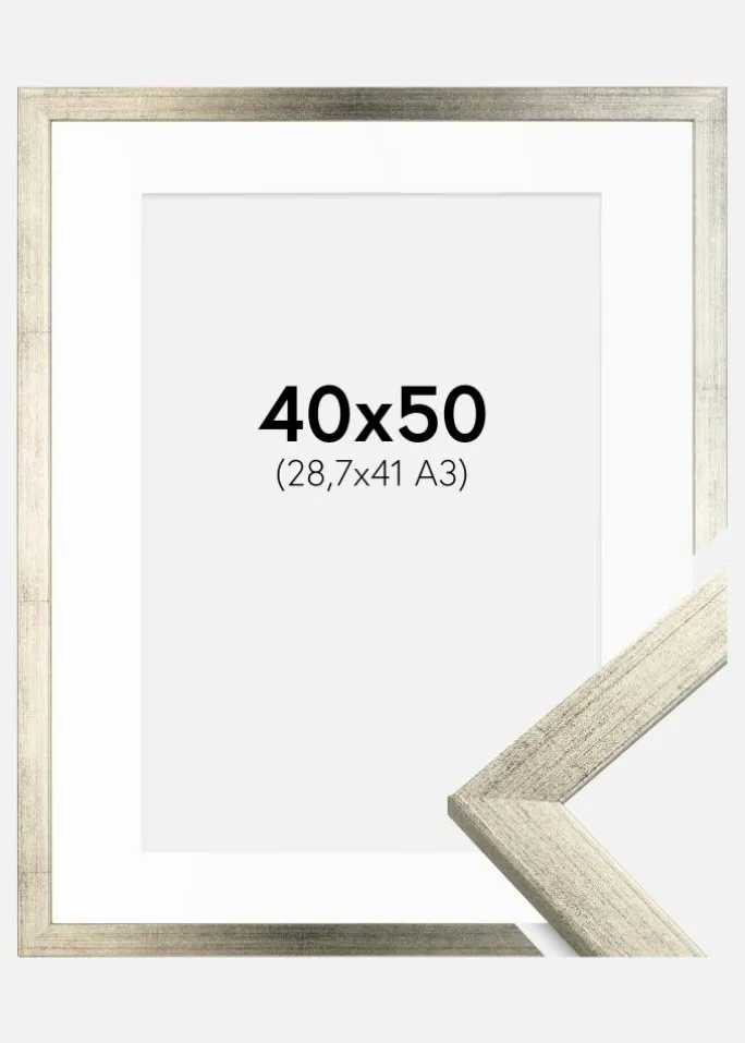 Ramme Stilren Sølv 40x50 cm - Passepartout Hvid 29,7x42 cm (A3)