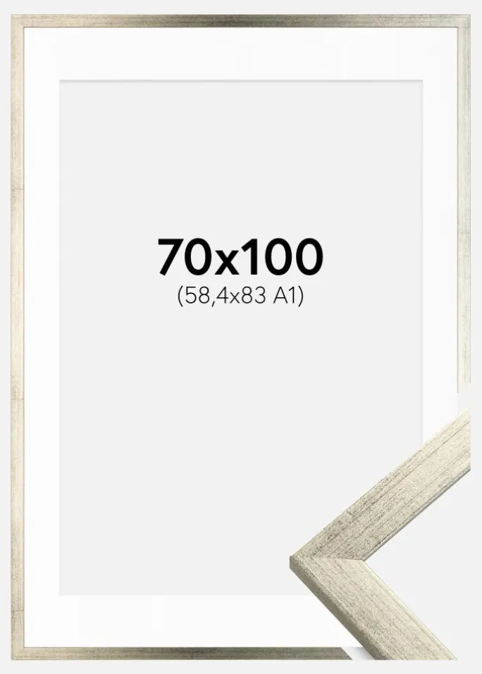 Ramme Stilren Sølv 70x100 cm - Passepartout Hvid 59,4x84 cm (A1)