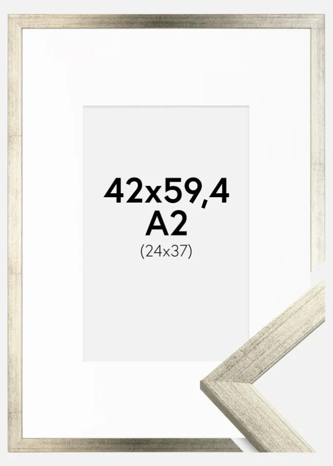 Ramme Stilren Sølv 42x59,4 cm (A2) - Passepartout Hvid 25x38 cm