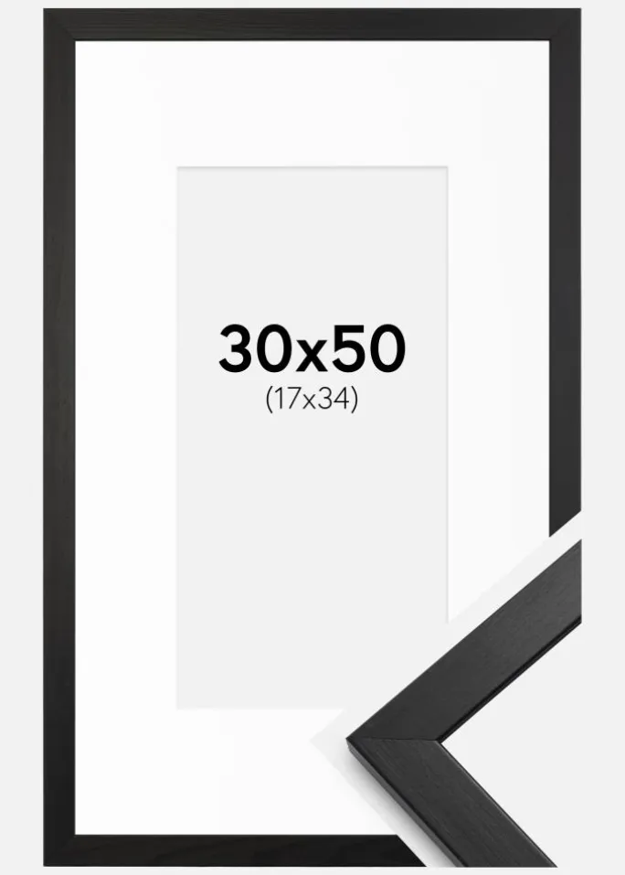 Ramme Stilren Sort 30x50 cm - Passepartout Hvid 18x35 cm