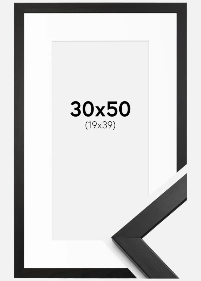 Ramme Stilren Sort 30x50 cm - Passepartout Hvid 20x40 cm