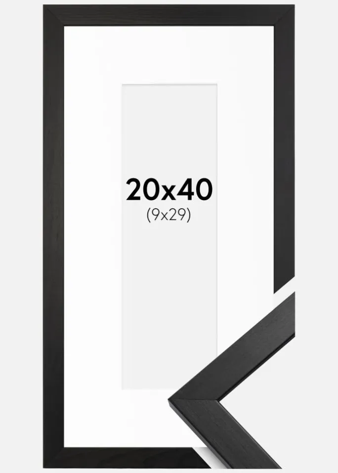 Ramme Stilren Sort 20x40 cm - Passepartout Hvid 10x30 cm