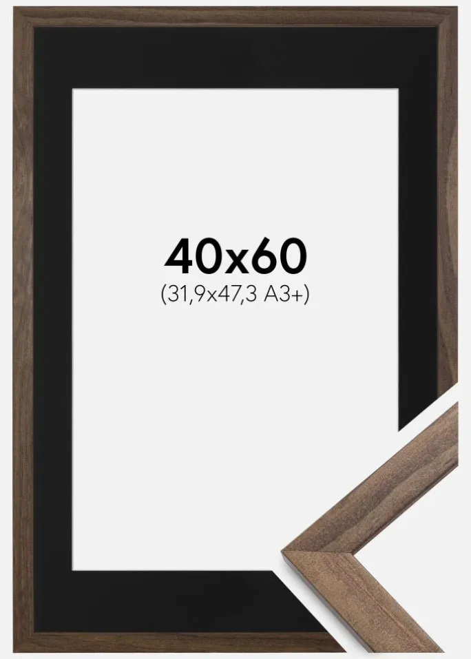 Ramme Stilren Valnød 40x60 cm - Passepartout Sort 32,9x48,3 cm (A3+)