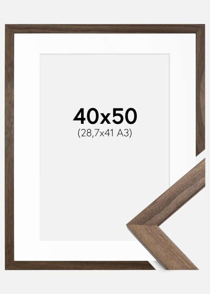 Ramme Stilren Valnød 40x50 cm - Passepartout Hvid 29,7x42 cm (A3)
