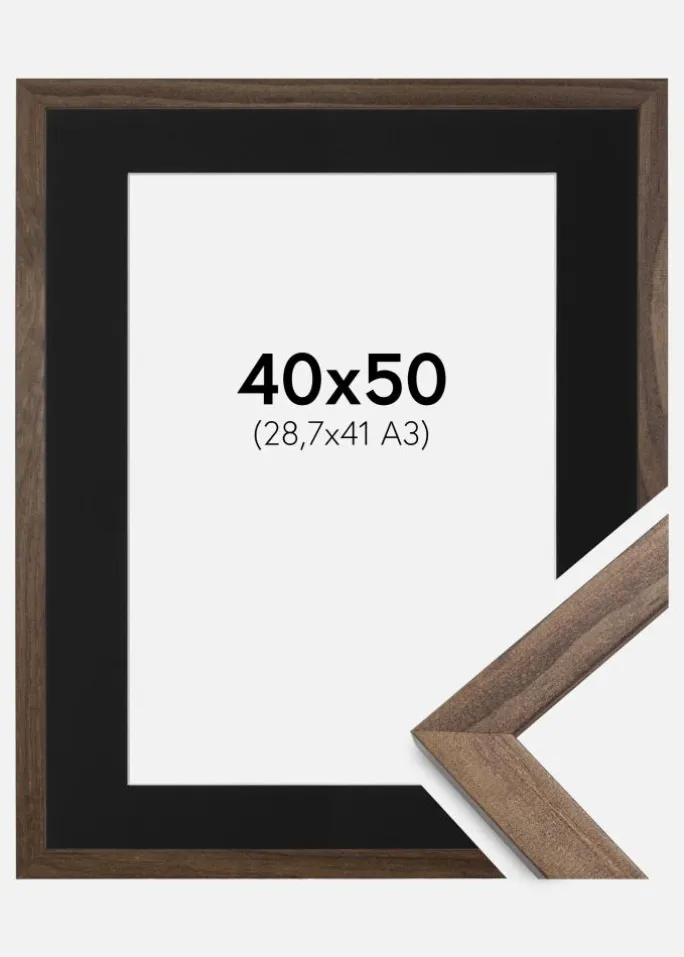 Ramme Stilren Valnød 40x50 cm - Passepartout Sort 29,7x42 cm (A3)