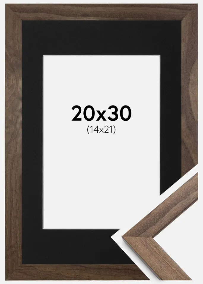 Ramme Stilren Valnød 20x30 cm - Passepartout Sort 15x22 cm