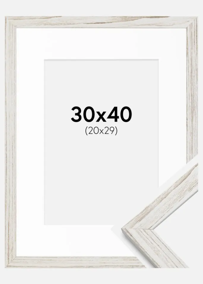 Ramme Stilren Vintage hvid 30x40 cm - Passepartout Hvid 21x30 cm