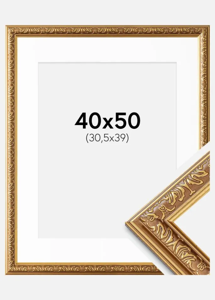 Ramme Swirl Guld 40x50 cm - Passepartout Hvid 31,5x40 cm