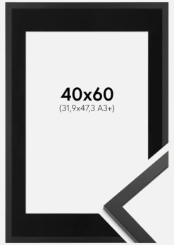 Ramme Trendy Sort 40x60 cm - Passepartout Sort 32,9x48,3 cm (A3+)