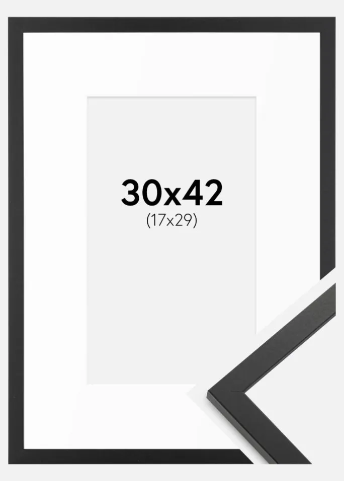 Ramme Trendy Sort 30x42 cm - Passepartout Hvid 18x30 cm