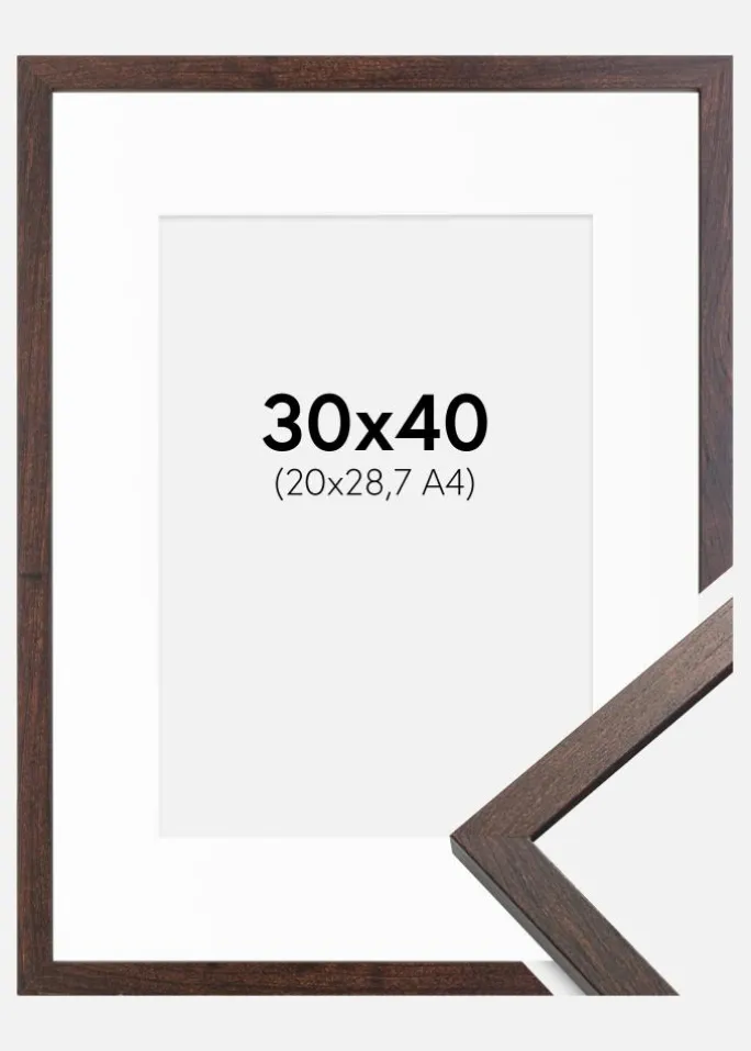Ramme Trendy Valnød 30x40 cm - Passepartout Hvid 21x29,7 cm (A4)