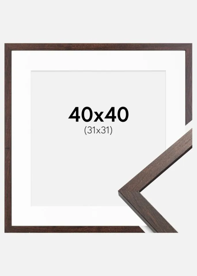 Ramme Trendy Valnød 40x40 cm - Passepartout Hvid 32x32 cm