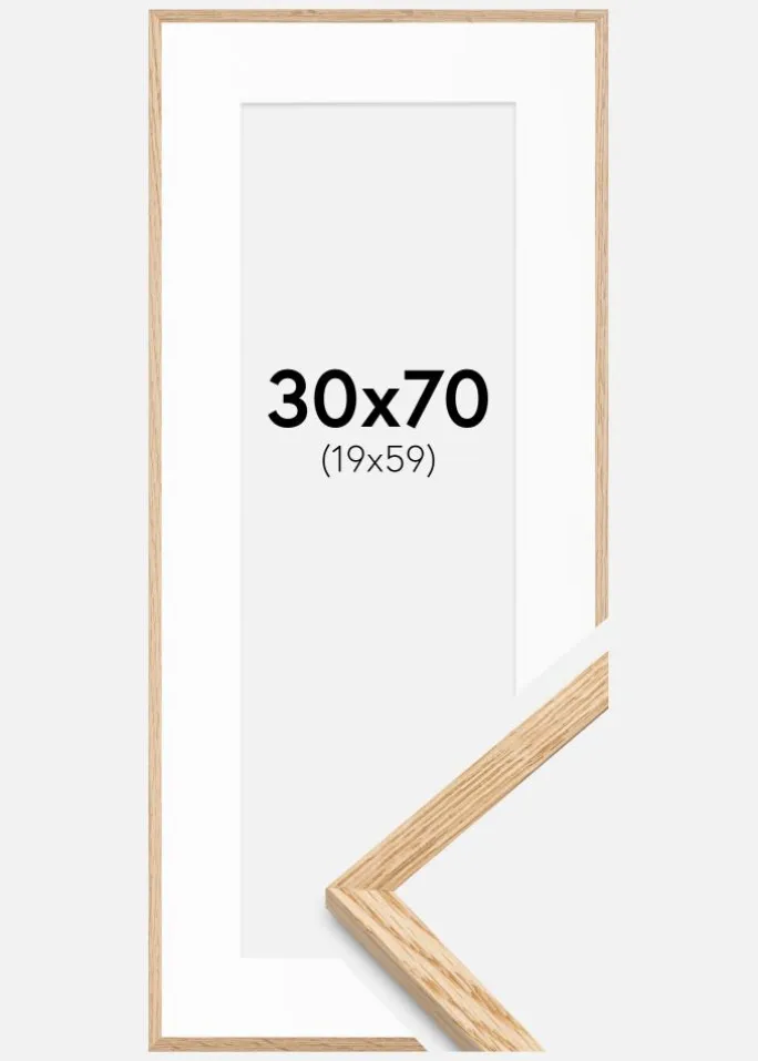 Ramme Tyndt Egetræ 30x70 cm - Passepartout Hvid 20x60 cm