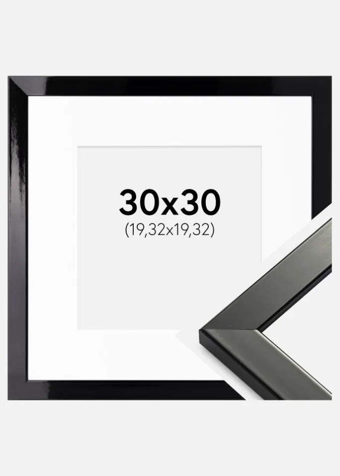 Ramme Uppsala Sort Højblank 30x30 cm - Passepartout Hvid 8x8 inches