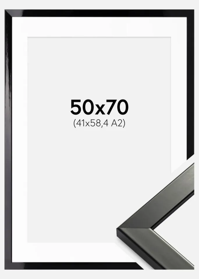Ramme Uppsala Sort Højblank 50x70 cm - Passepartout Hvid 42x59,4 cm (A2)