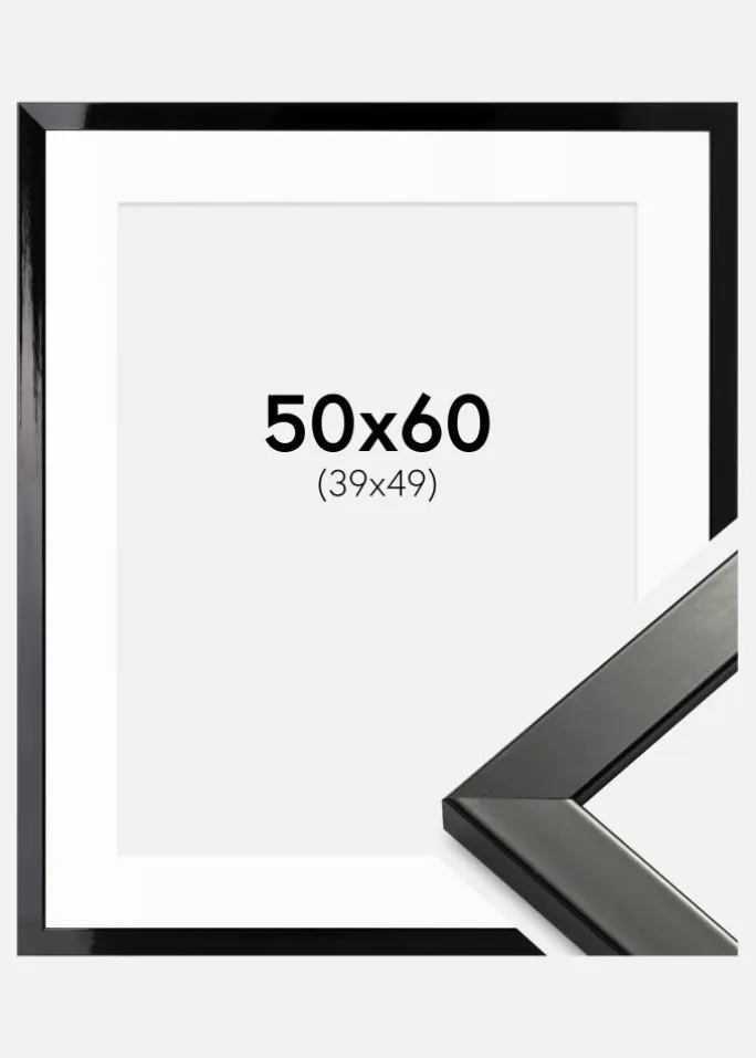 Ramme Uppsala Sort Højblank 50x60 cm - Passepartout Hvid 40x50 cm