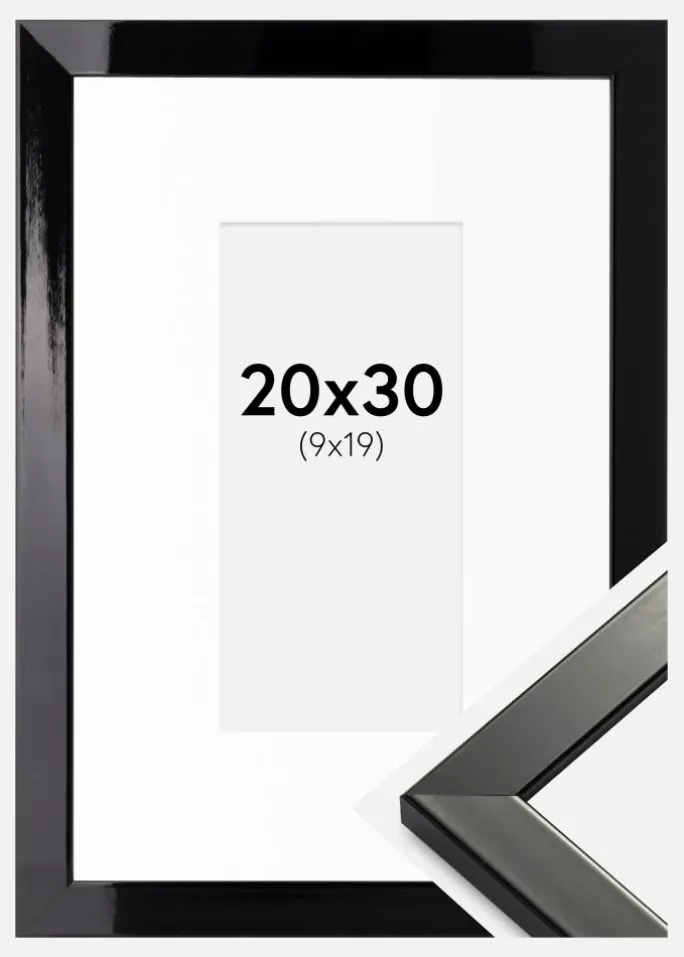 Ramme Uppsala Sort Højblank 20x30 cm - Passepartout Hvid 10x20 cm