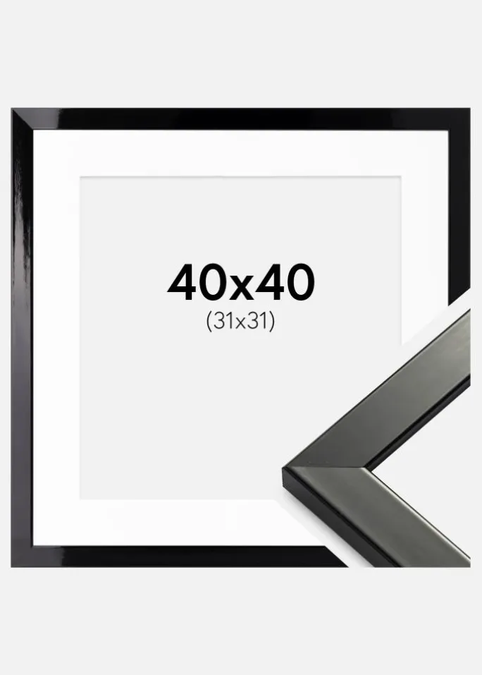 Ramme Uppsala Sort Højblank 40x40 cm - Passepartout Hvid 32x32 cm
