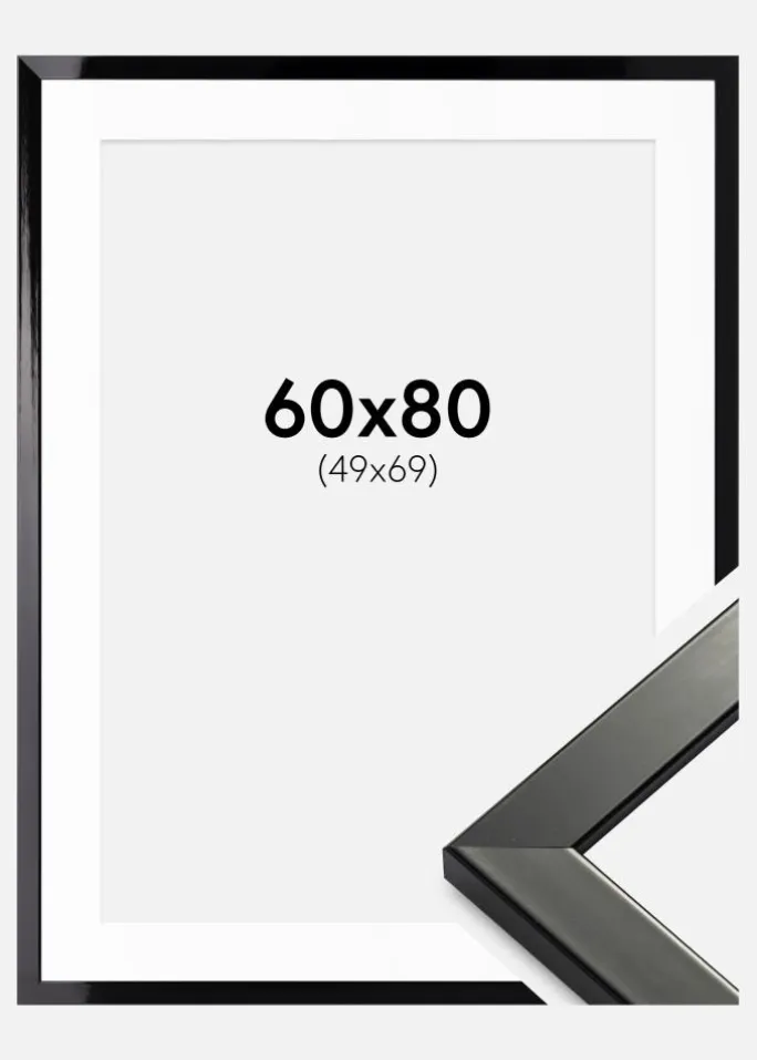 Ramme Uppsala Sort Højblank 60x80 cm - Passepartout Hvid 50x70 cm