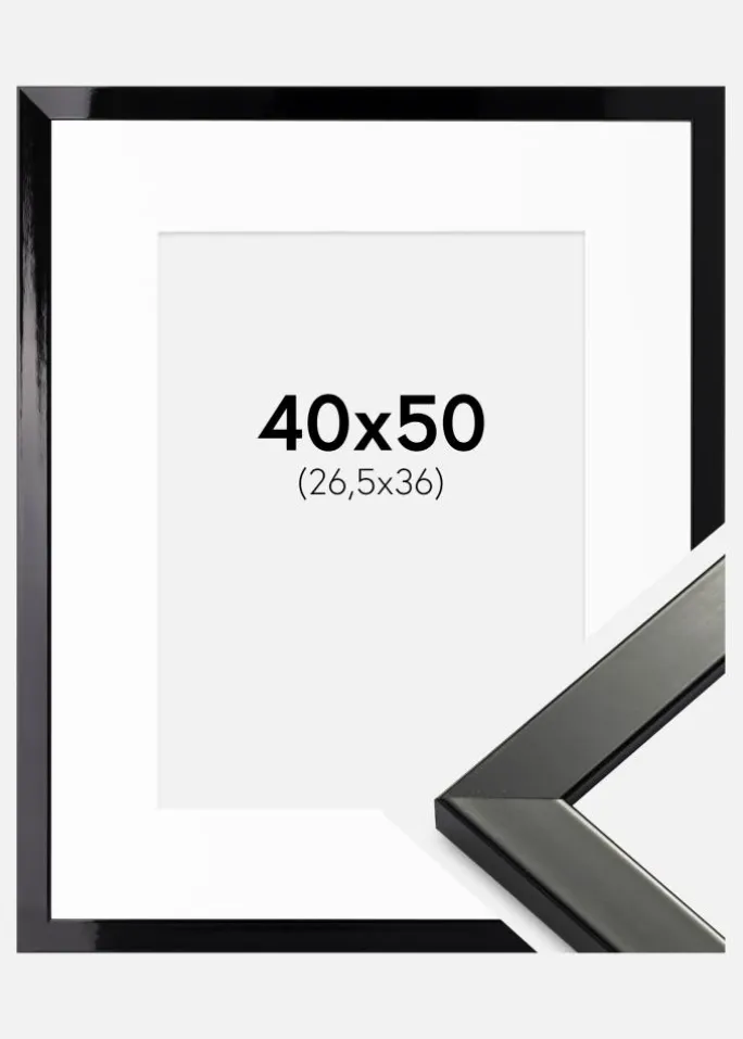 Ramme Uppsala Sort Højblank 40x50 cm - Passepartout Hvid 27,5x37 cm