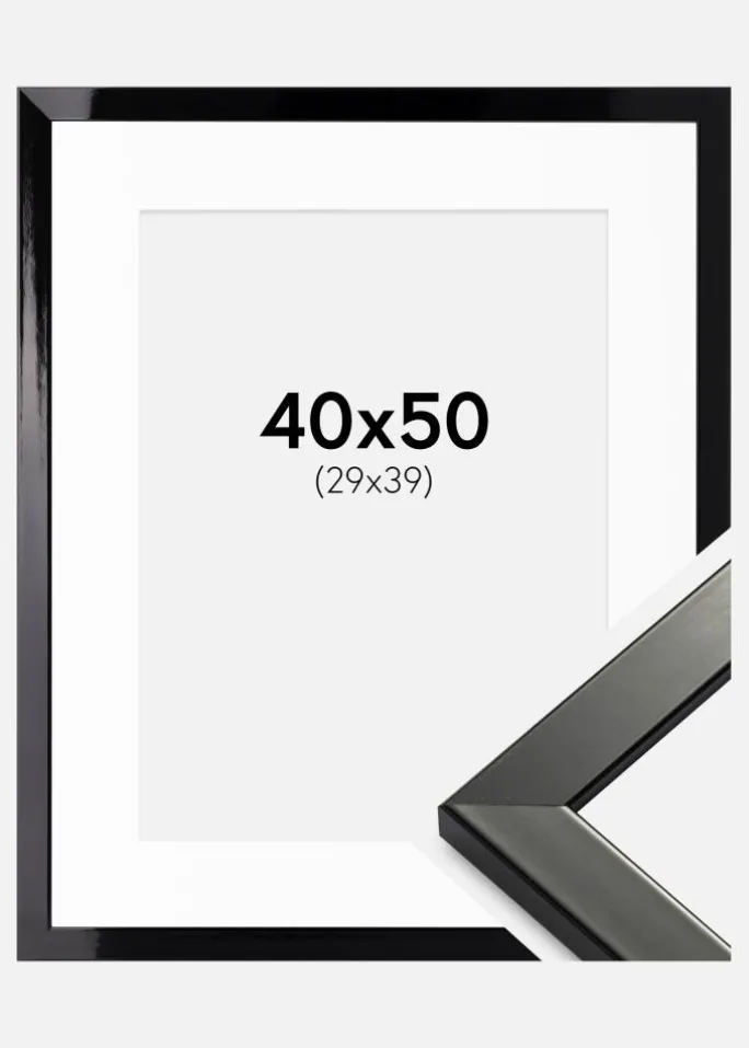 Ramme Uppsala Sort Højblank 40x50 cm - Passepartout Hvid 30x40 cm