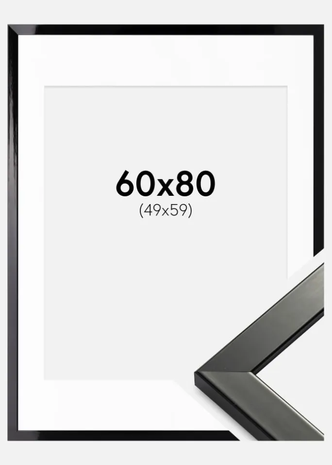 Ramme Uppsala Sort Højblank 60x80 cm - Passepartout Hvid 50x60 cm
