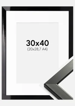 Ramme Uppsala Sort Højblank 30x40 cm - Passepartout Hvid 21x29,7 cm (A4)