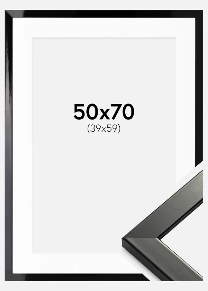 Ramme Uppsala Sort Højblank 50x70 cm - Passepartout Hvid 40x60 cm