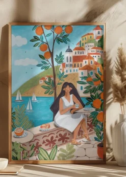 Travel woman in Mediterranean coast Plakat (21x29.7 cm (A4))