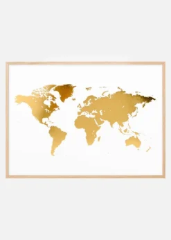 Verdenskart i Gull - Foliert Plakat (30x40 cm)