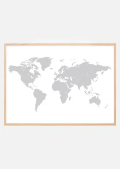 Verdenskort - Grå Plakat (21x29.7 cm (A4))