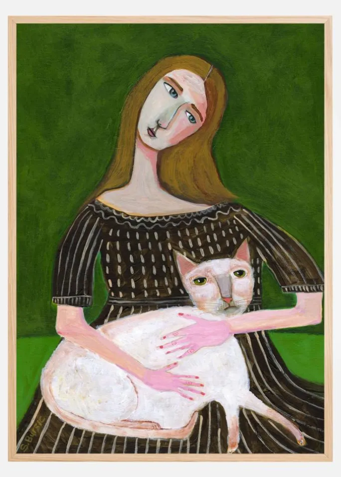 Vintage lady with white cat Plakat (21x29.7 cm (A4))