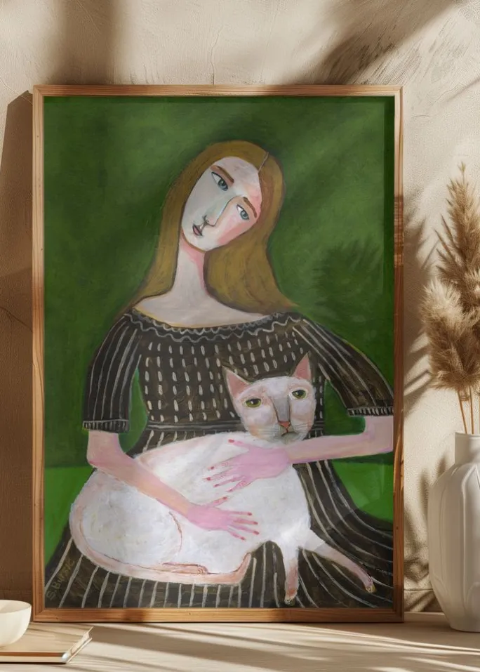 Vintage lady with white cat Plakat (21x29.7 cm (A4))