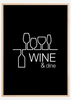 Wine & dine - Sort med Hvidt tryk Plakat (30x40 cm)