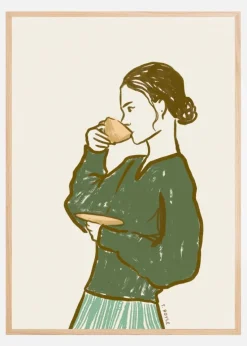 Woman Drinking Tea in Green Plakat (21x29.7 cm (A4))