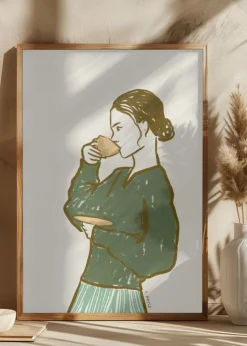 Woman Drinking Tea in Green Plakat (21x29.7 cm (A4))