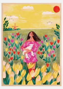 Woman in spring tulip field Plakat (21x29.7 cm (A4))